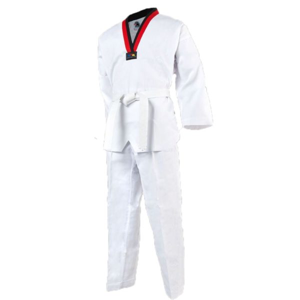 Võ phục Taekwondo cổ đỏ đen vải sọc hiệu Black Eagle cao cấp